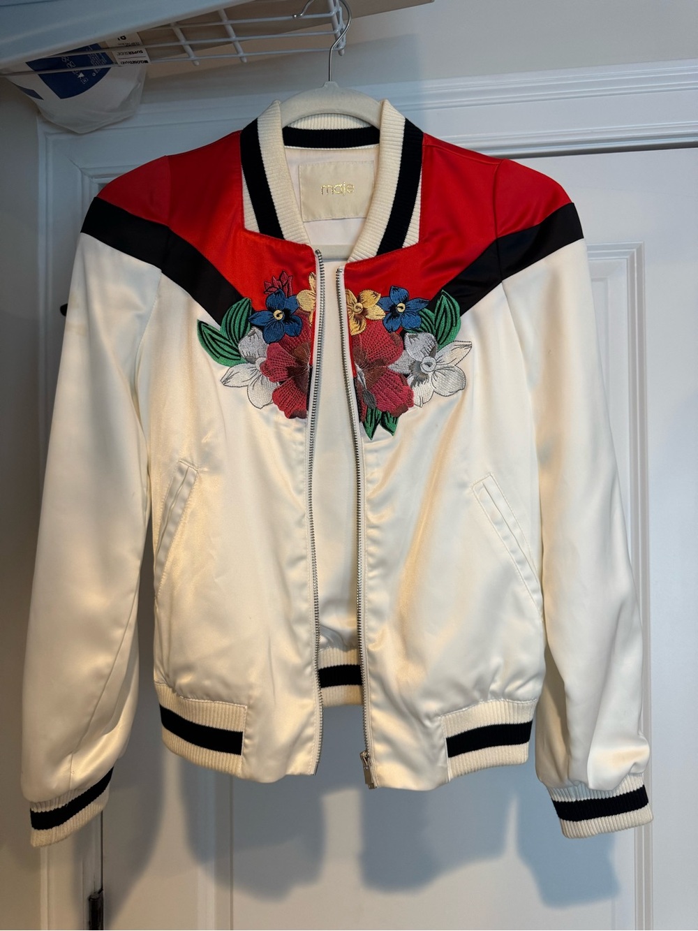 Floral Appliqué Satin Bomber Jacket - White & Red